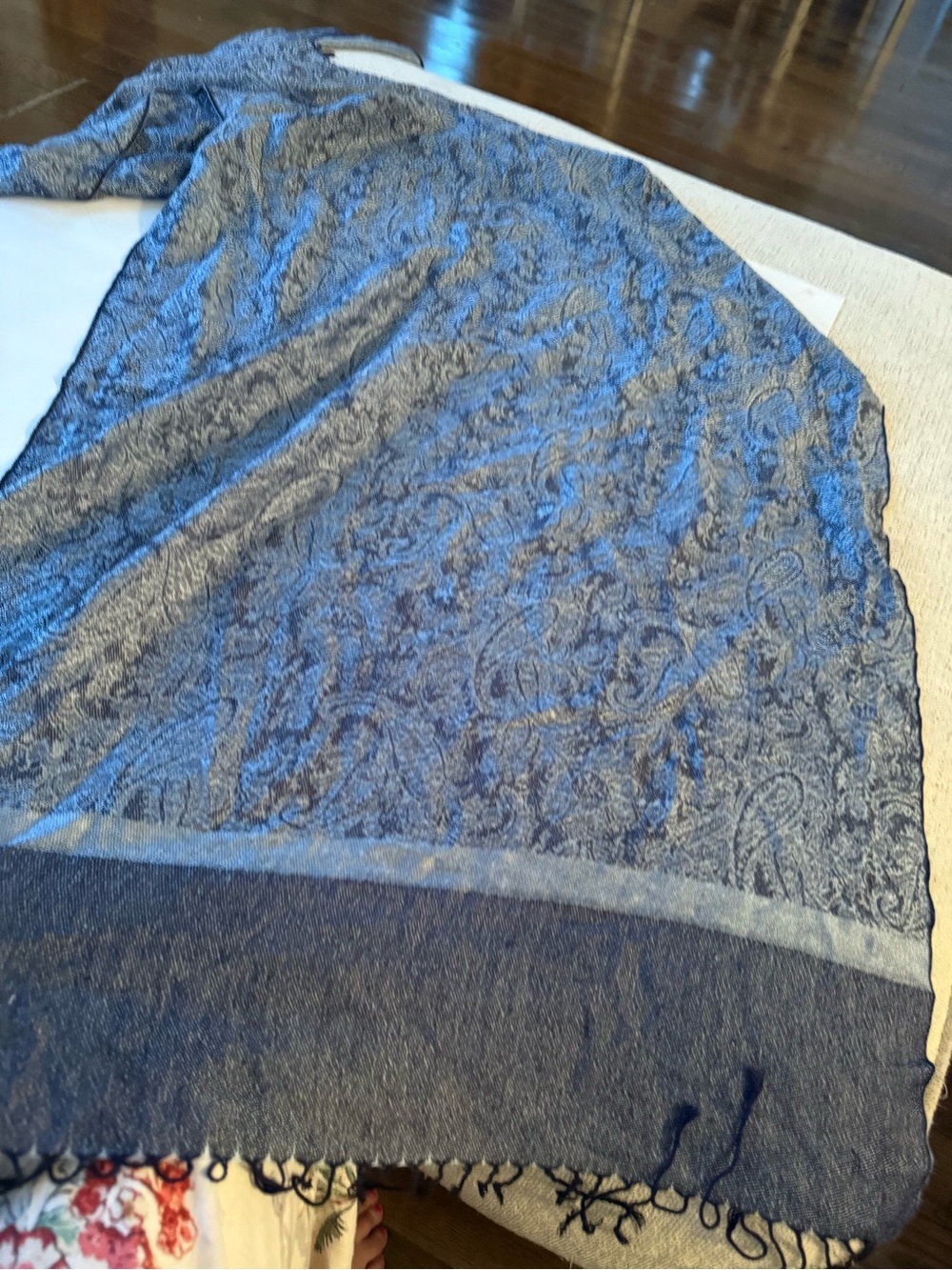 Pashmina  Blue Paisley Fringe Silk Blend Shawl Wrap Scarf